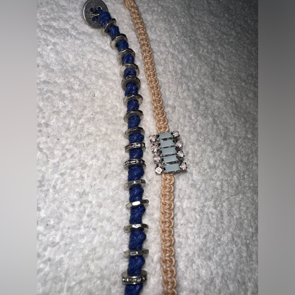 Two bracelets! Navy fossil bracelet and twine braid with light blue gem